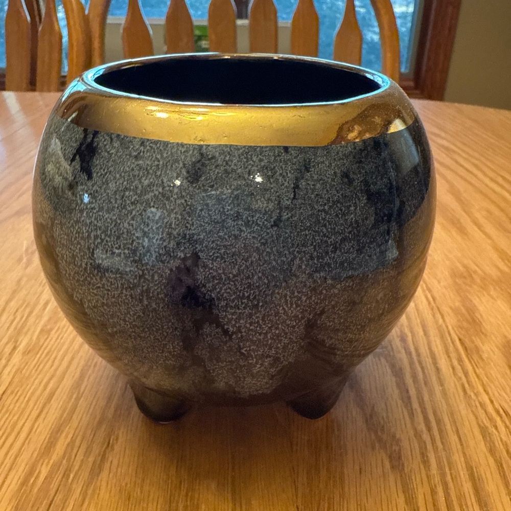 Vintage Glazed Ceramic Planter with Gold Rim